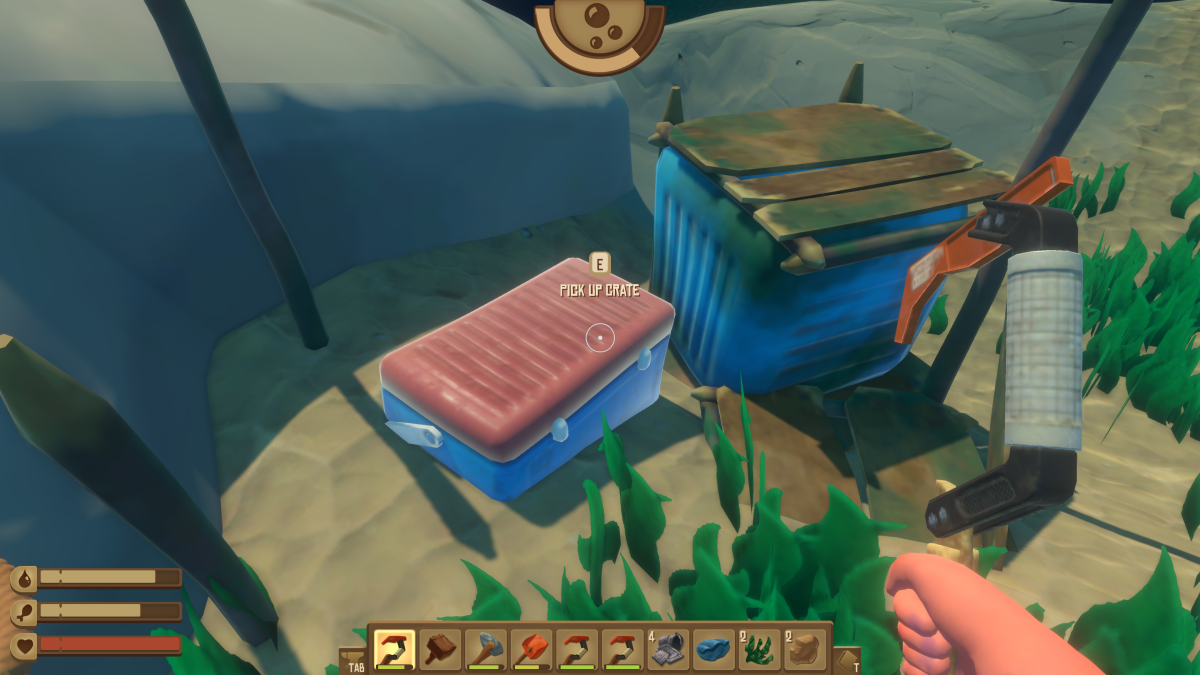 A loot crate on the seabed near an island in Raft with a Press E to pick up crate prompt