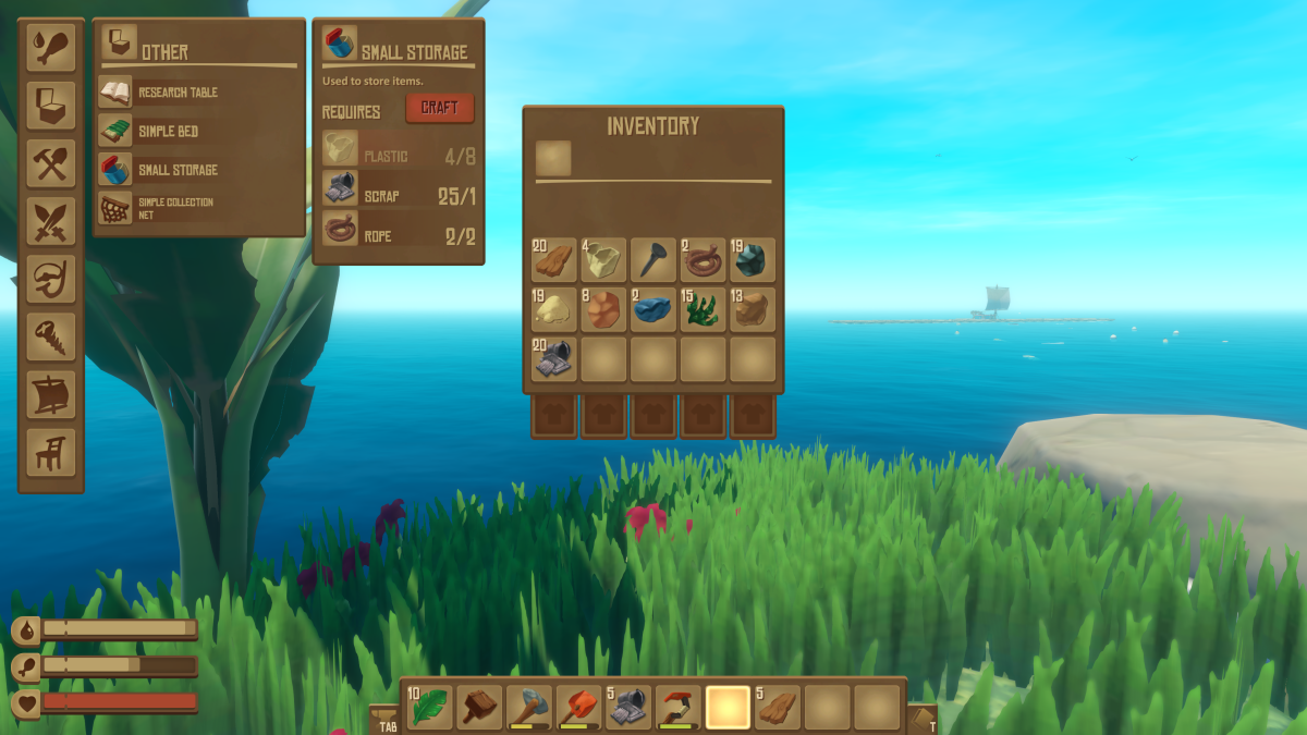 Inventory full of scrap, metal ore, copper ore, sand, clay and seaweed from an island harvest in Raft, raft anchored in the distance