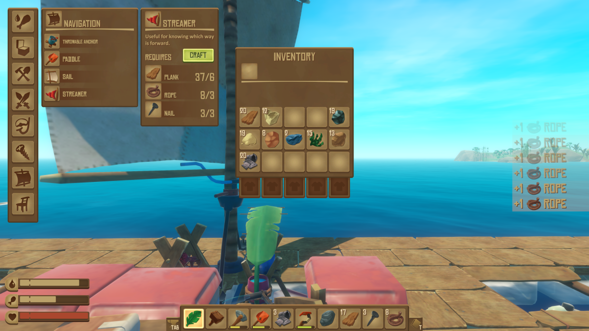 The Navigation crafting tab showing the Streamer recipe in Raft, useful for knowing which way is forward