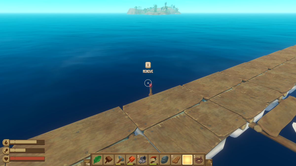 The deployed Throwable Anchor on the raft edge with a hold X to remove prompt, island in the distance, in Raft