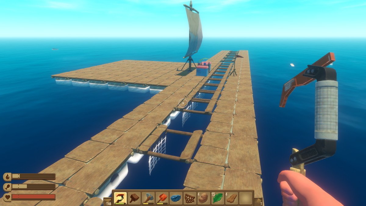 An overview of a developed raft with a sail, storage and long rows of collection nets in Raft