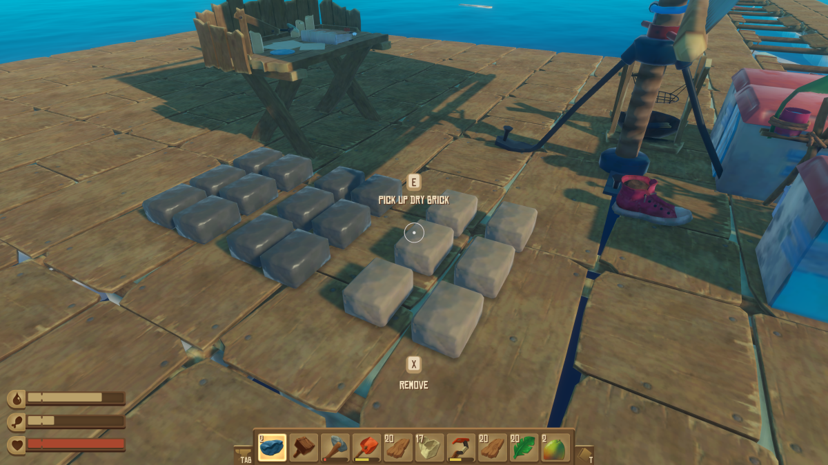 Bricks drying on the raft deck in Raft, the pale ones dried into dry bricks ready to pick up