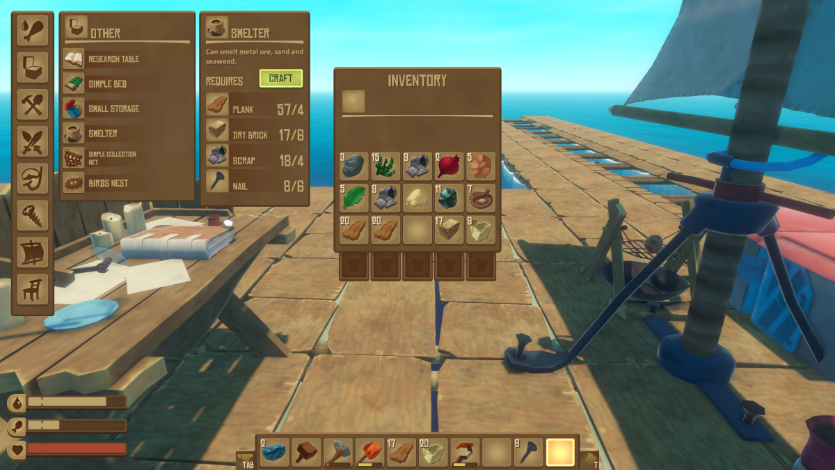 The unlocked Smelter recipe in Raft, requiring planks, dry bricks, scrap and nails, smelts metal ore sand and seaweed