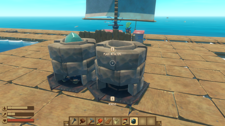 Two smelters built on the raft in Raft, one smelting ore and one prompting to place metal ore