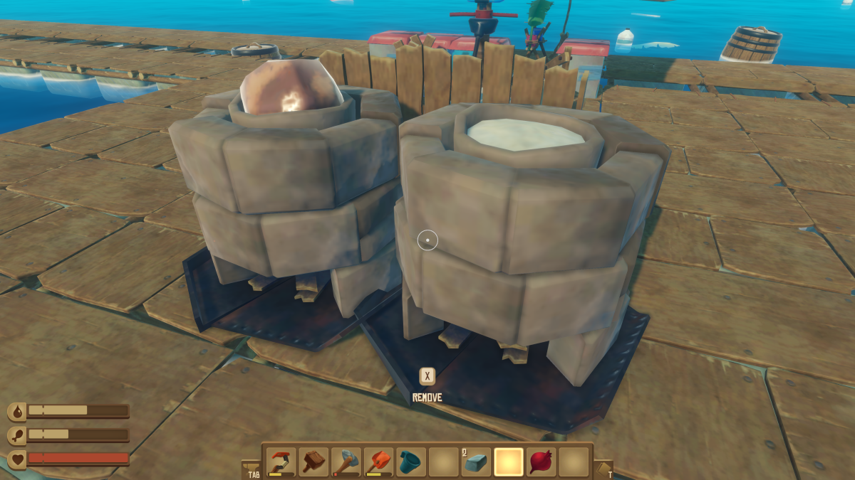 Two smelters in Raft, one smelting copper ore into a copper ingot and one turning sand into glass