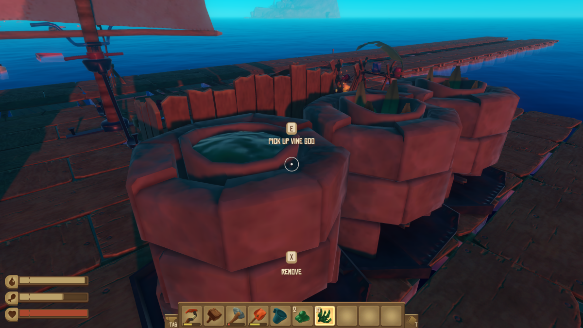 Picking up a finished Vine Goo pot on the raft deck in Raft