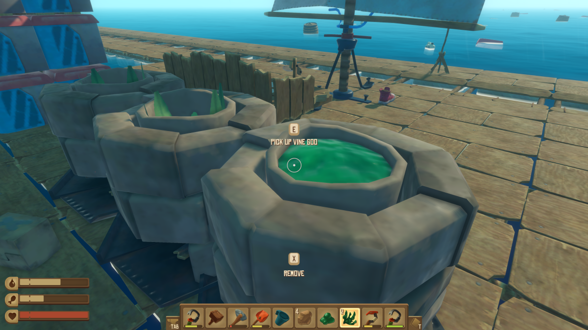 A pot of finished Vine Goo, glowing green, ready to pick up in Raft